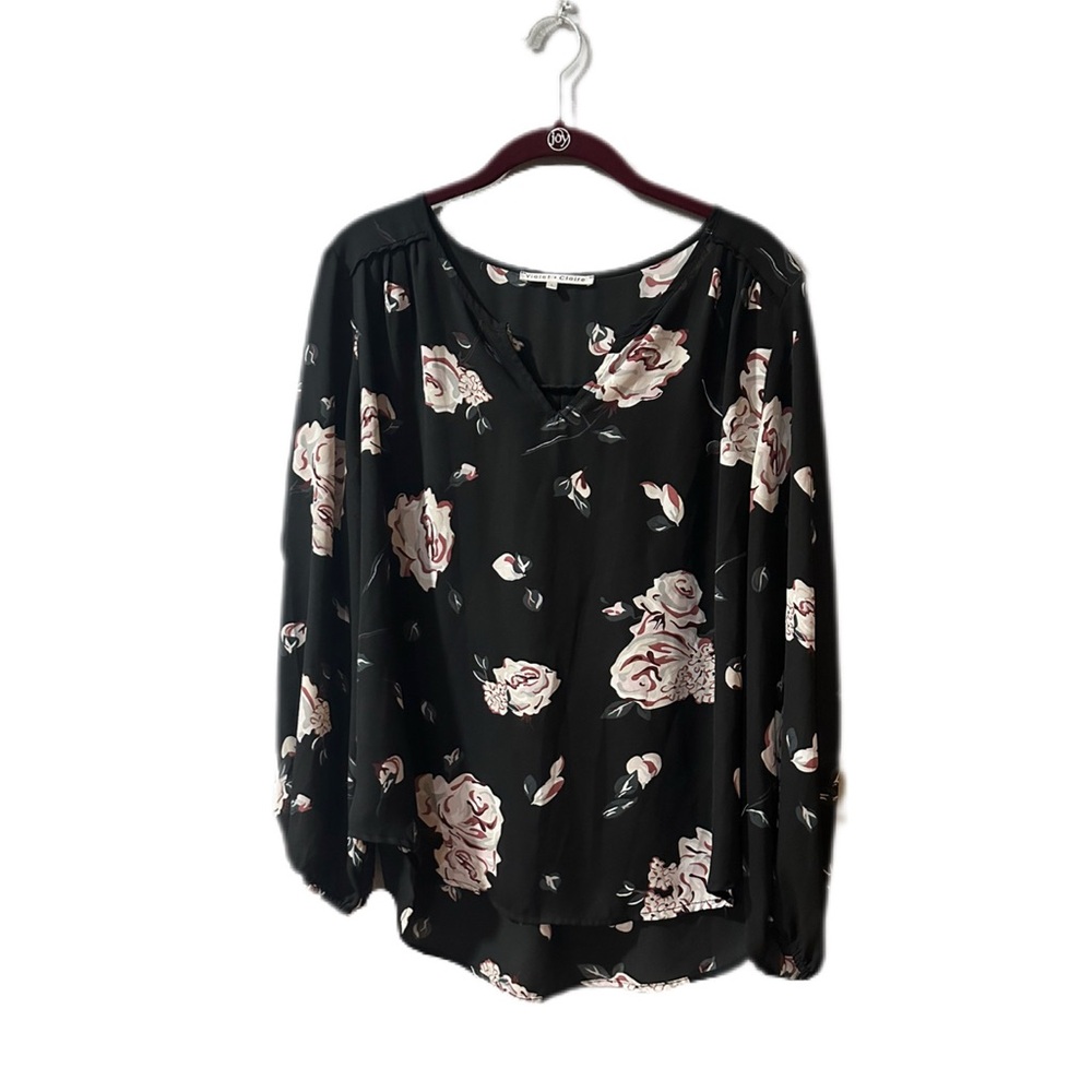 Violet & Claire Black Long Sleeved Blouse with Blush Rose Print